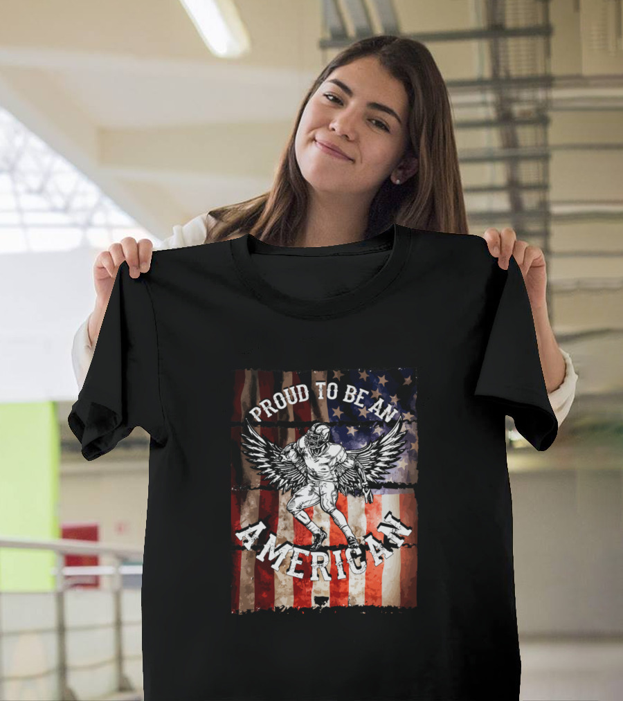 Proud To Be An American Football Player with Wings and Flag Background T-Shirt