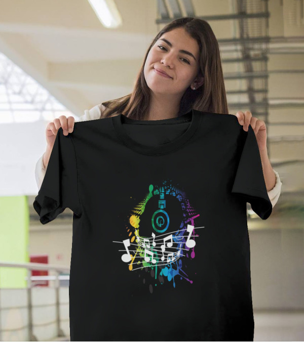 Colorful Headphones With Musical Notes And Rainbow Sound Waves T-Shirt