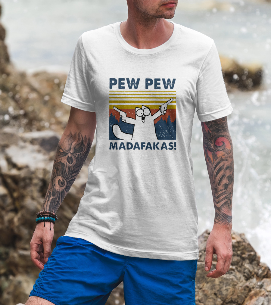 PEW PEW MADAFKAS Cat With Guns Retro Sunset Forest T-Shirt