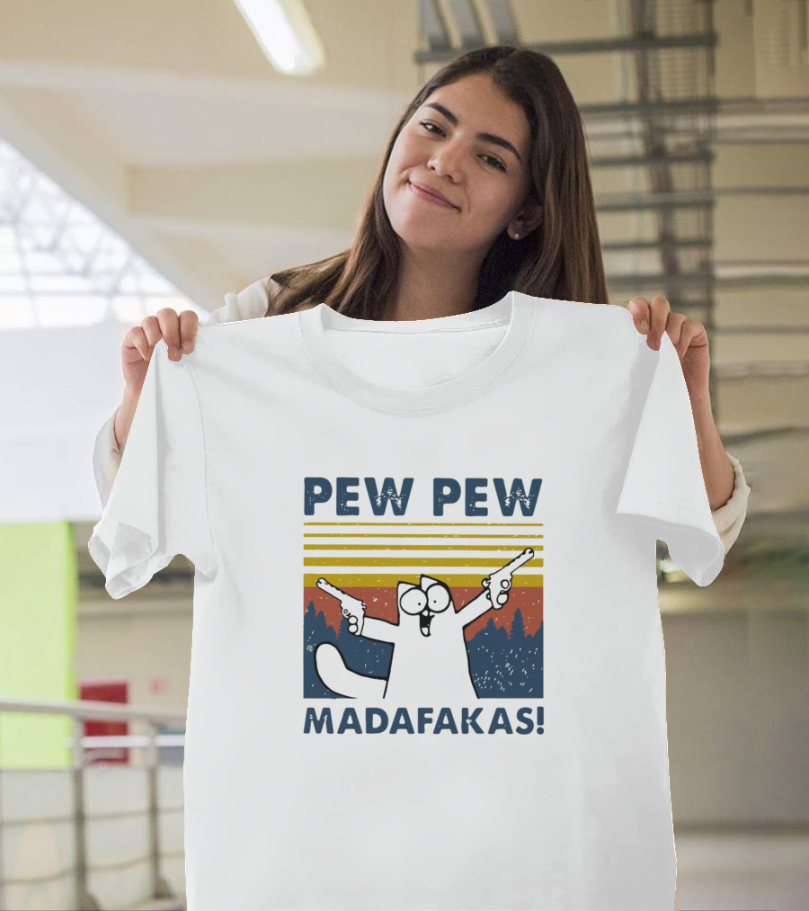 PEW PEW MADAFKAS Cat With Guns Retro Sunset Forest T-Shirt