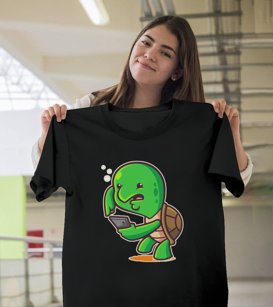 Turtle Phone Cartoon Character with Smartphone T-Shirt