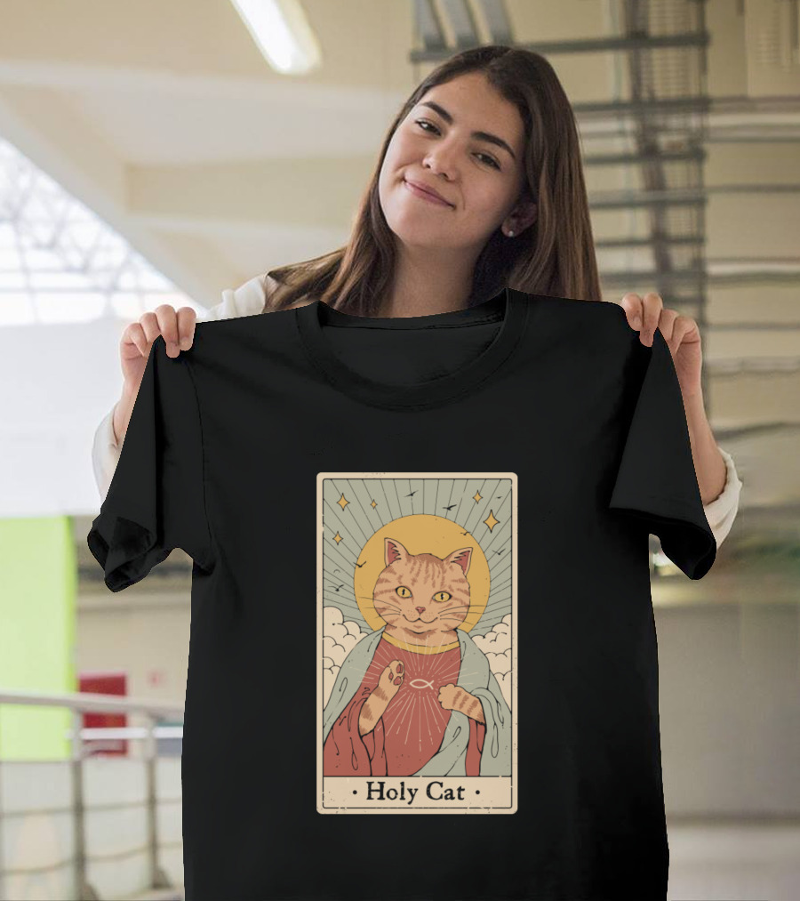 Holy Cat Iconic Saintly Feline with Halo and Stars T-Shirt