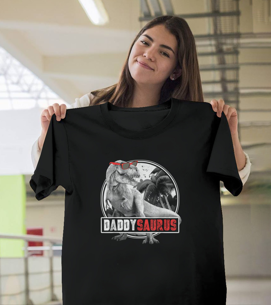 Daddysaurus Rex Dinosaur Dad with Red Sunglasses Jungle Scene T-Shirt