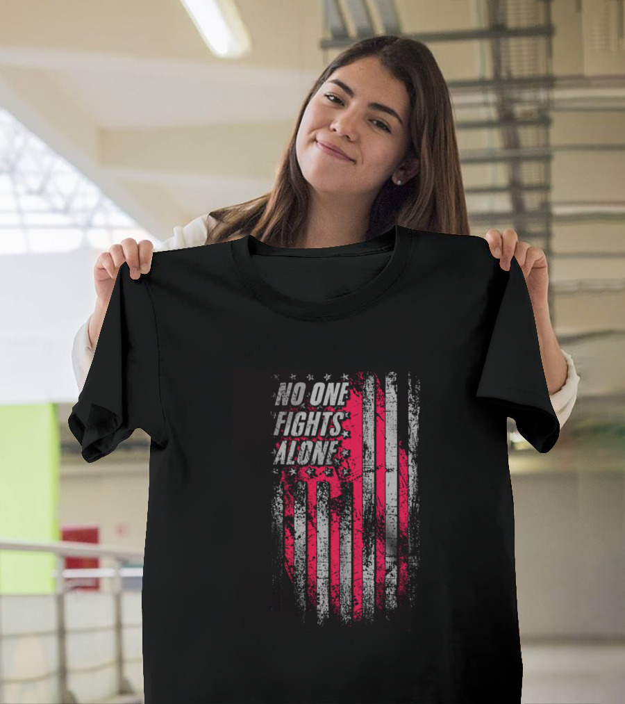 No One Fights Alone Hemophilia Awareness Red Ribbon Distressed American Flag T-Shirt