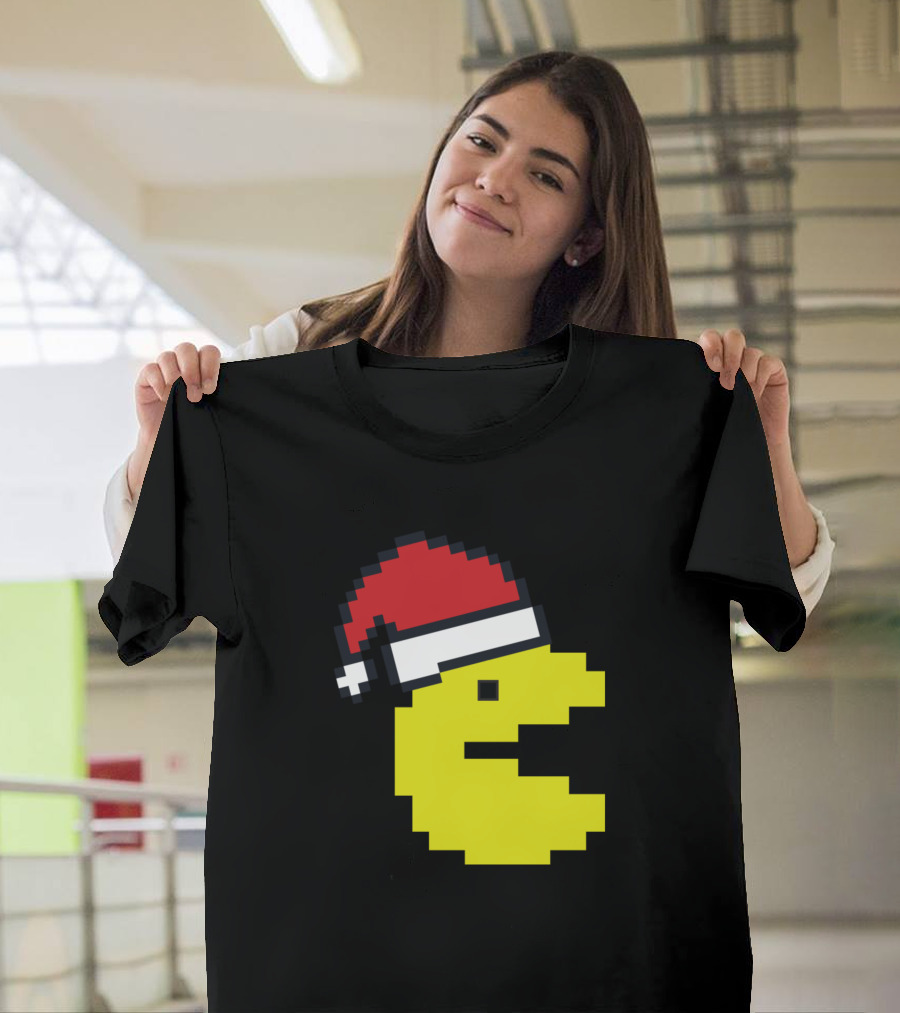 Pacman Wearing Santa Claus Hat Retro Style Holiday Pixel T-Shirt