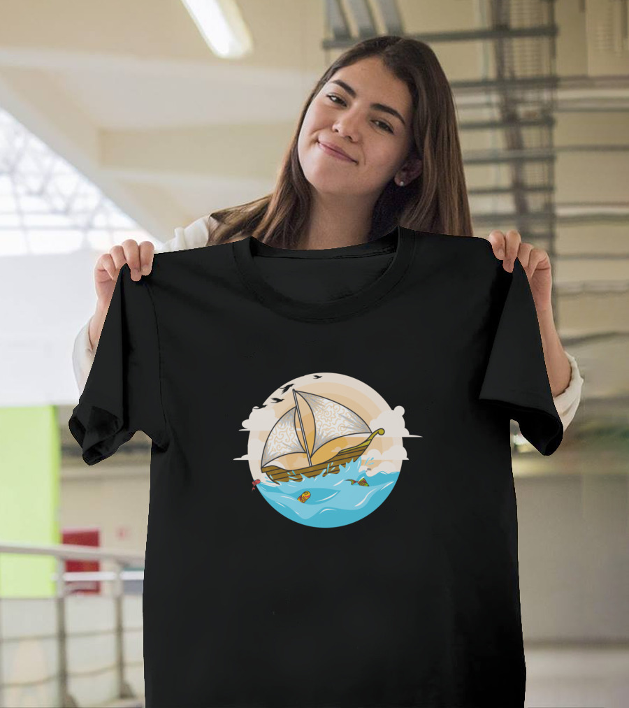 Sailing Ship Ocean Voyage with Fish and Birds T-Shirt