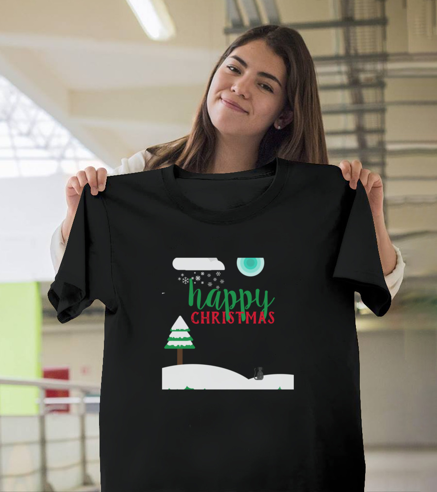 Happy Christmas Cat Under Snowy Moon T-Shirt