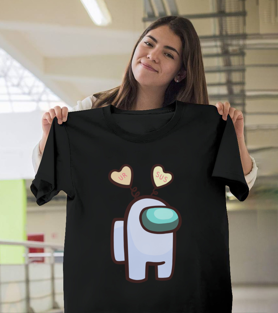 Among Us White Crewmate with UR SUS Valentine Candy Hearts Hat T-Shirt