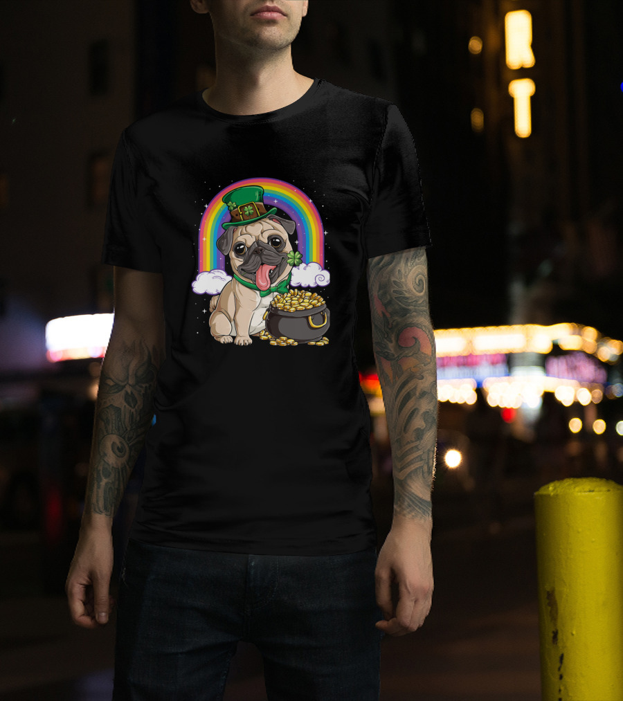 St Patricks Day Pug With Shamrock And Pot Of Gold Rainbow T-Shirt