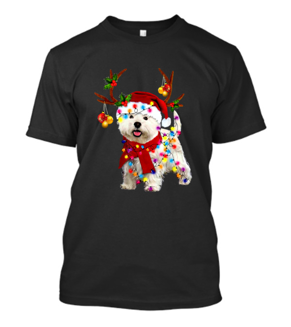Westie Dog In Santa Hat With Reindeer Antlers And Festive Christmas Lights T-Shirt