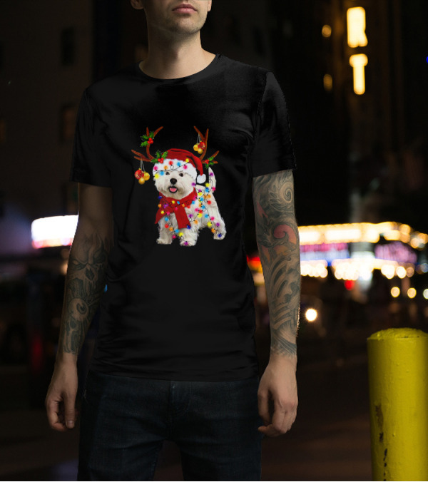 Westie Dog In Santa Hat With Reindeer Antlers And Festive Christmas Lights T-Shirt