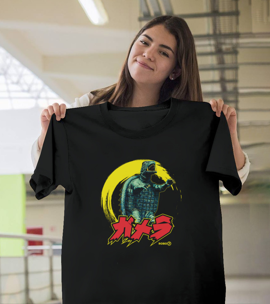 Gamera Kaiju Japanese Text Robo7 Yellow Moon T-Shirt