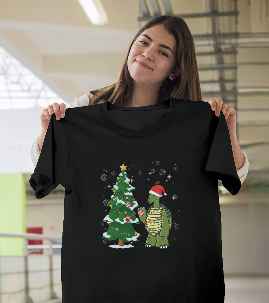 Sea Turtle Wearing Santa Hat with Christmas Tree and Ornaments T-Shirt