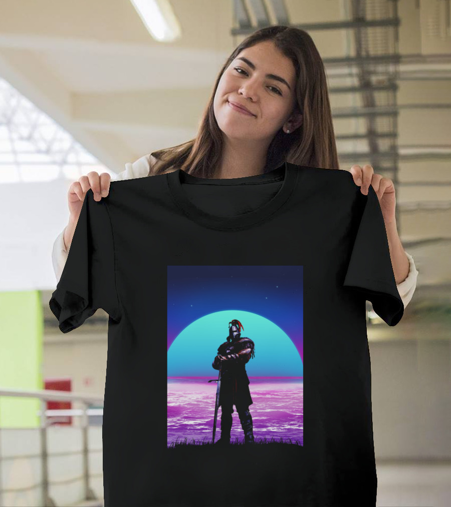 Retro 80s Sci-Fi Knight Silhouette Against Neon Sunset T-Shirt