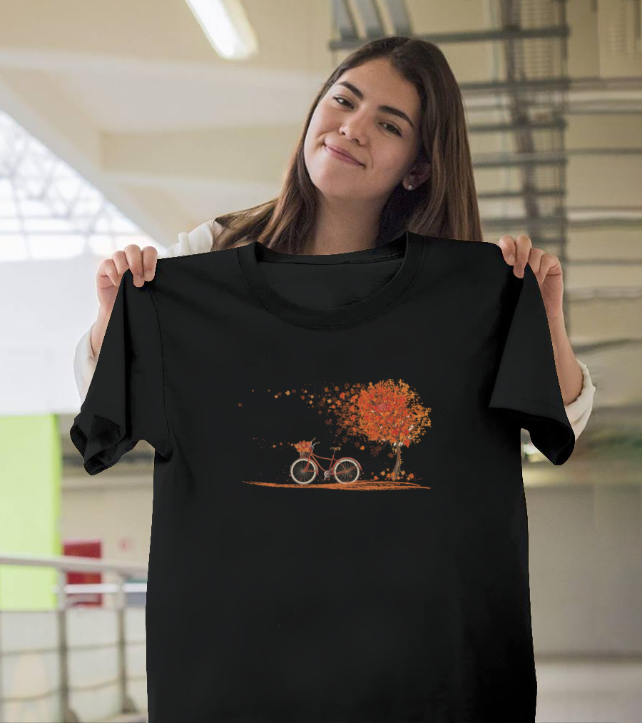 Autumn Bicycle with Orange Tree and Falling Leaves T-Shirt