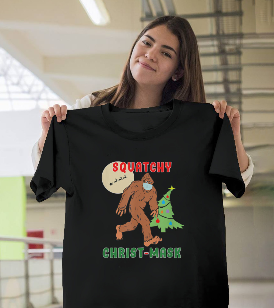 Squatchy Christ-Mask Bigfoot Social Distance Christmas Moon Tree T-Shirt