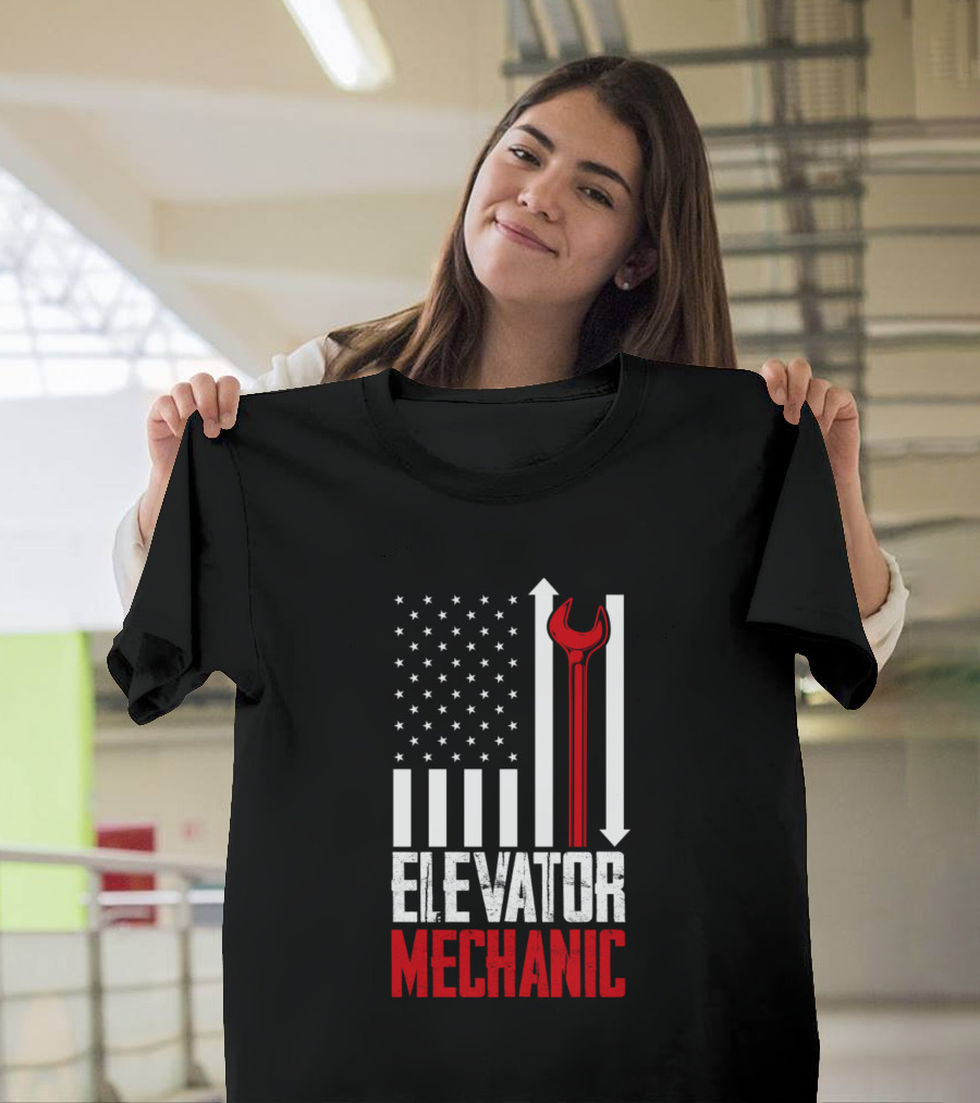Elevator Mechanic American Flag Stars Stripes Wrench T-Shirt