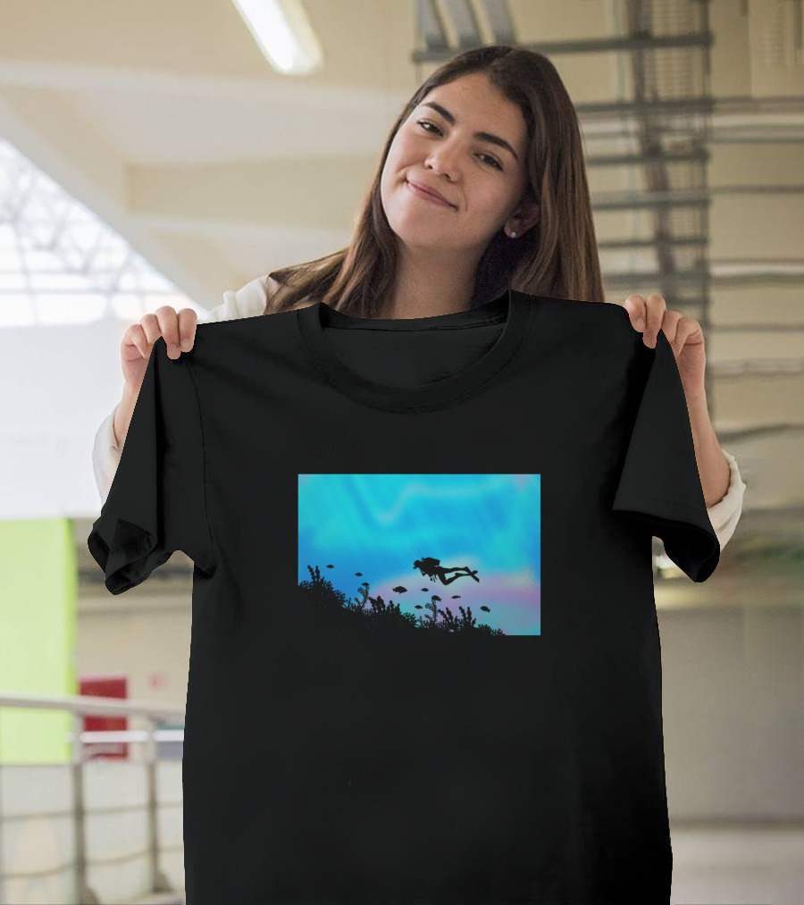 Scuba Diving in Vibrant Underwater Reef Scene with Colorful Fish and Aquatic Life T-Shirt