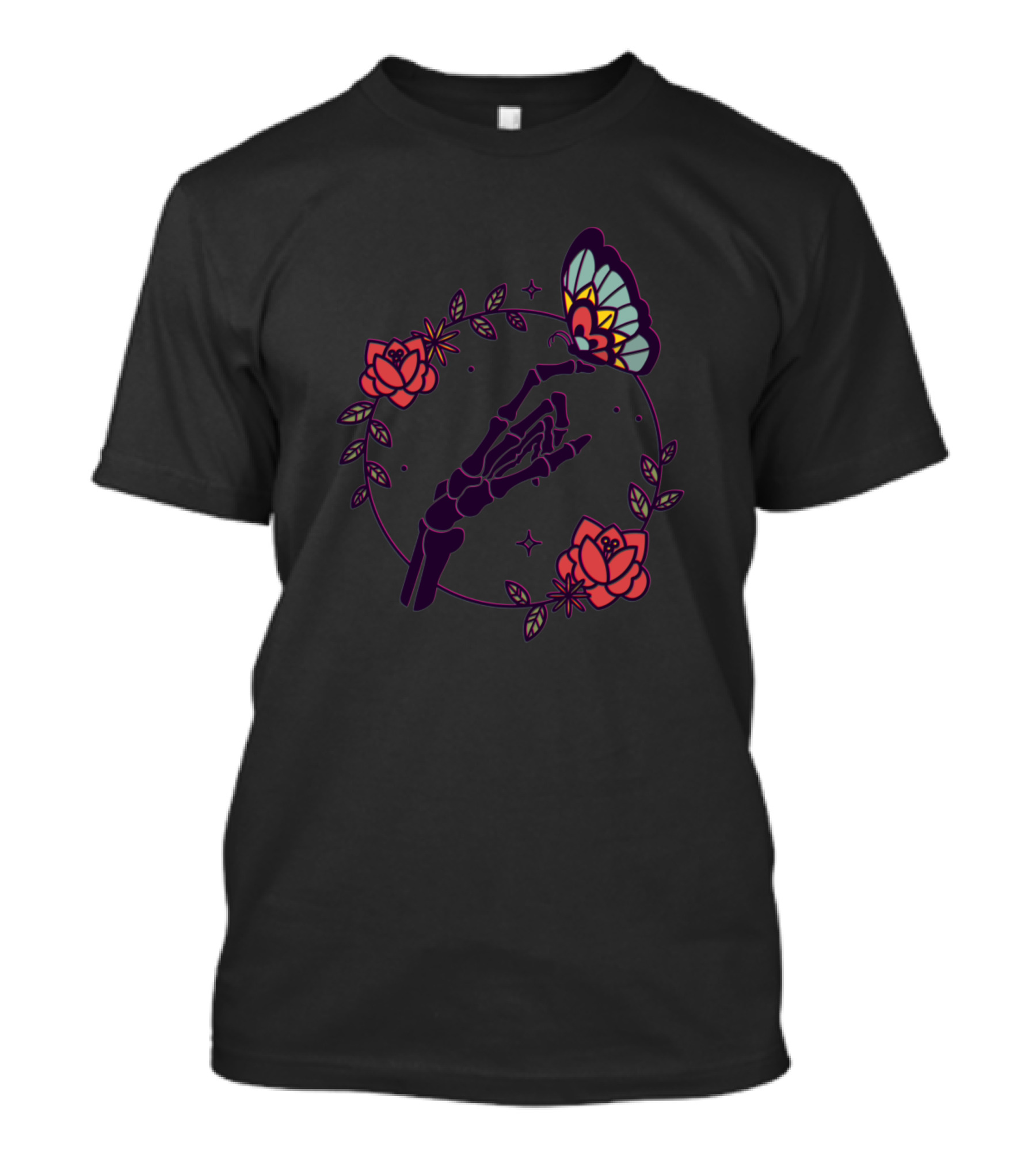 Dead Hand Tees Floral Skeleton Hand Butterfly Roses T-Shirt