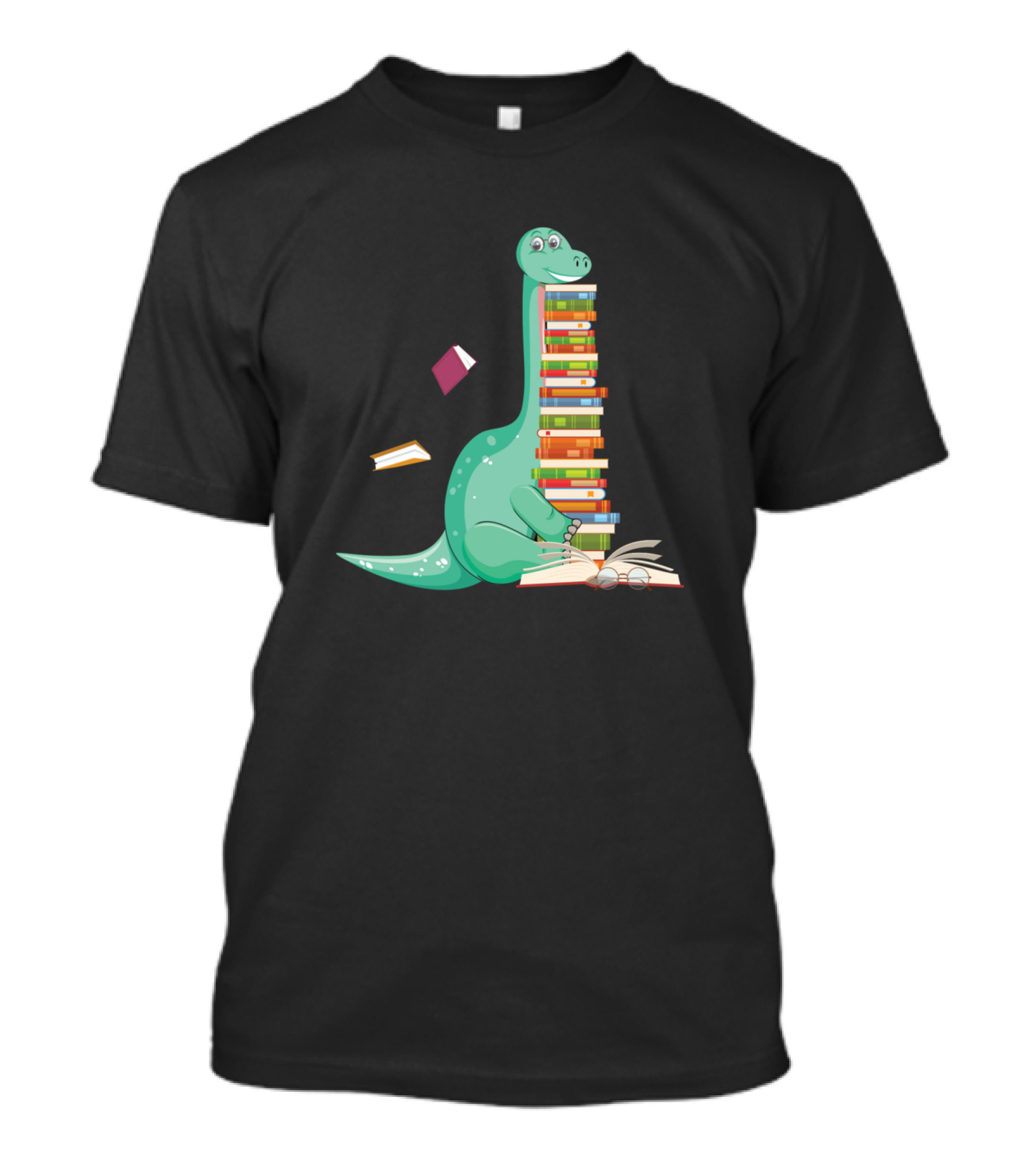 Dinosaur Balancing Stack Of Colorful Books Reading With Glasses T-Shirt