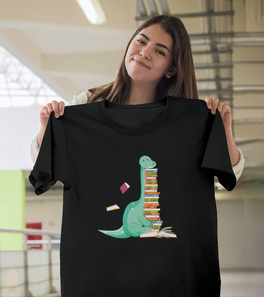 Dinosaur Balancing Stack Of Colorful Books Reading With Glasses T-Shirt