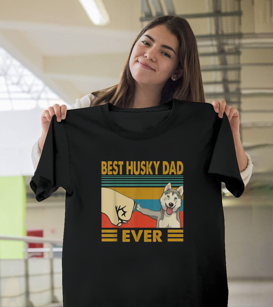 Mens Best Husky Dad Ever Fist Bump Retro Vintage Sunset T-Shirt