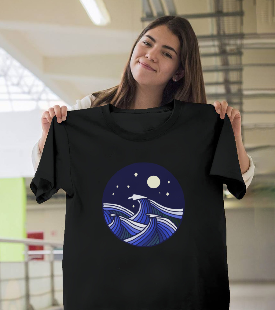 Stylized Moonlit Night with Ocean Waves and Stars T-Shirt