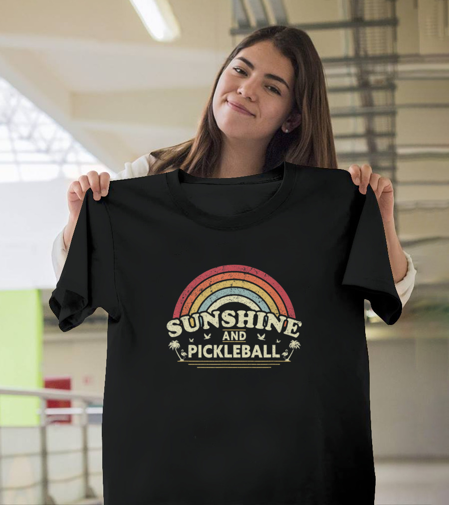 Sunshine And Pickleball Retro Rainbow Palm Trees and Birds T-Shirt