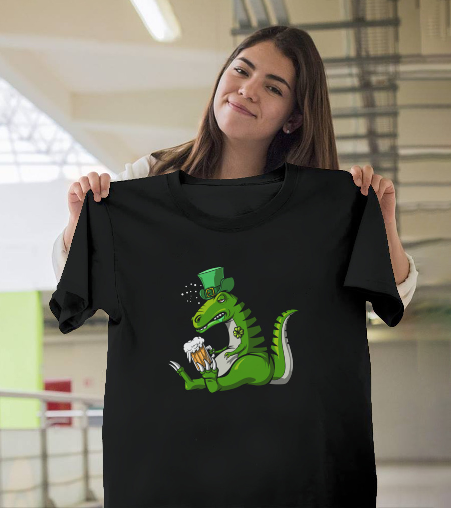 T Rex Dinosaur Leprechaun Drinking Beer St Patrick's Day T-Shirt