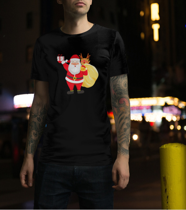 Creative Santa Claus With Gift And Reindeer Behind Sack T-Shirt