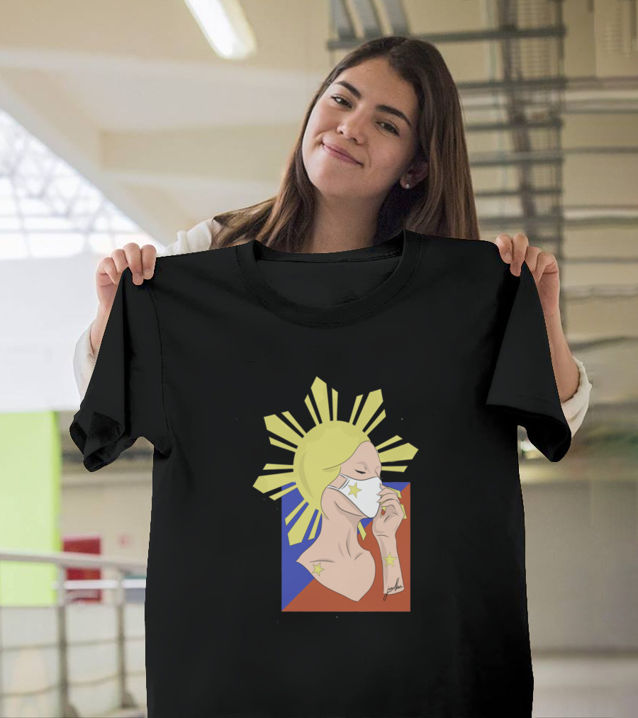 Inang Bayan Masked Lady with Philippine Flag Elements and Sunburst Motif T-Shirt