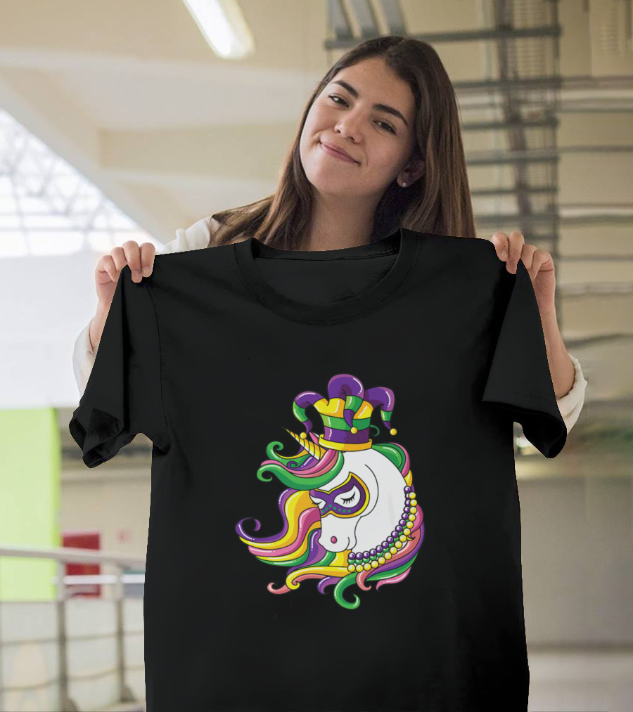 Colorful Jester Unicorn with Beaded Mardi Gras Mask and Hat T-Shirt