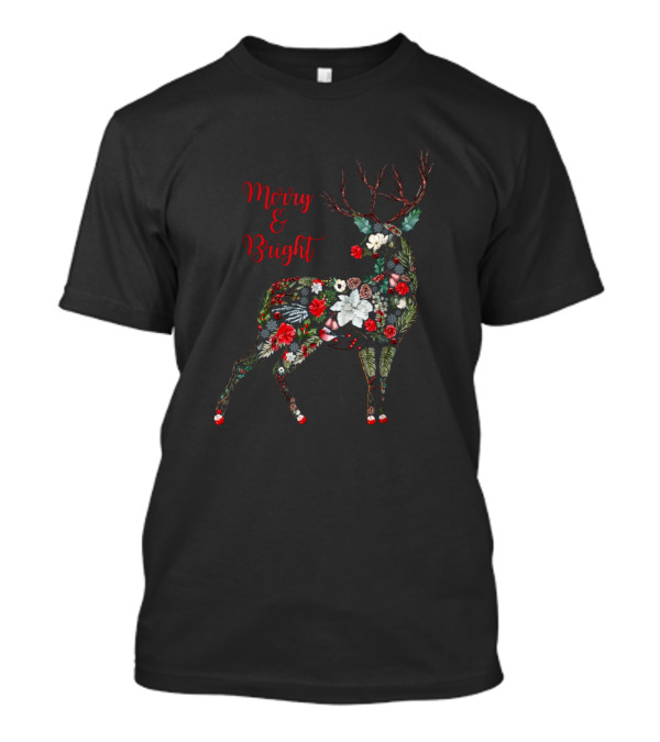 Merry And Bright Botanical Christmas Reindeer T-Shirt