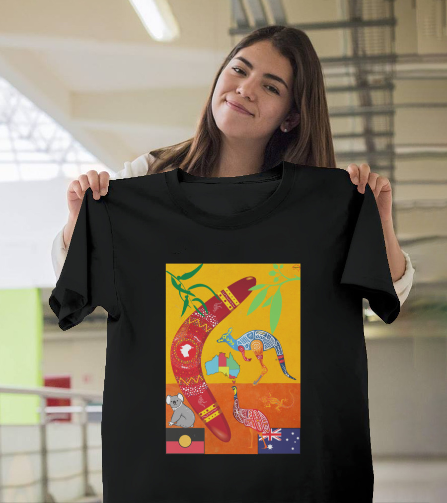 Australian Boomerang Kangaroo Koala Indigenous Map and Flag T-Shirt