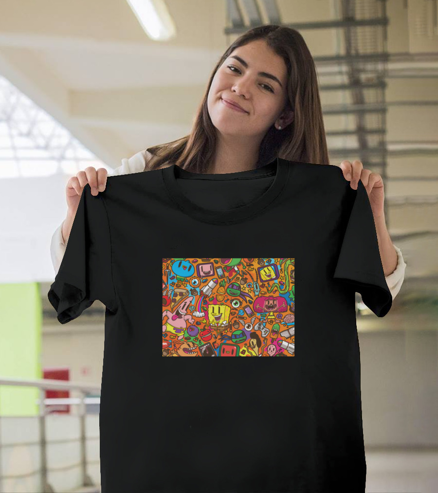 SpongeBob Doodle Collage Funny Faces Patrick Jellyfish Krabby Patty Vibrant Chaos T-Shirt