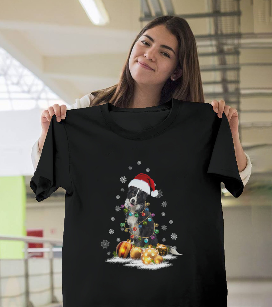Border Collie Christmas Lights Santa Hat Snowflakes Ornaments T-Shirt