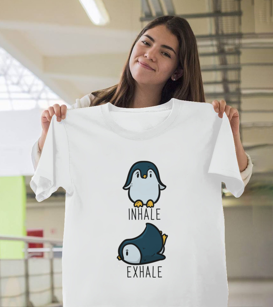 Penguin Inhale Exhale Funny Cartoon Poses T-Shirt