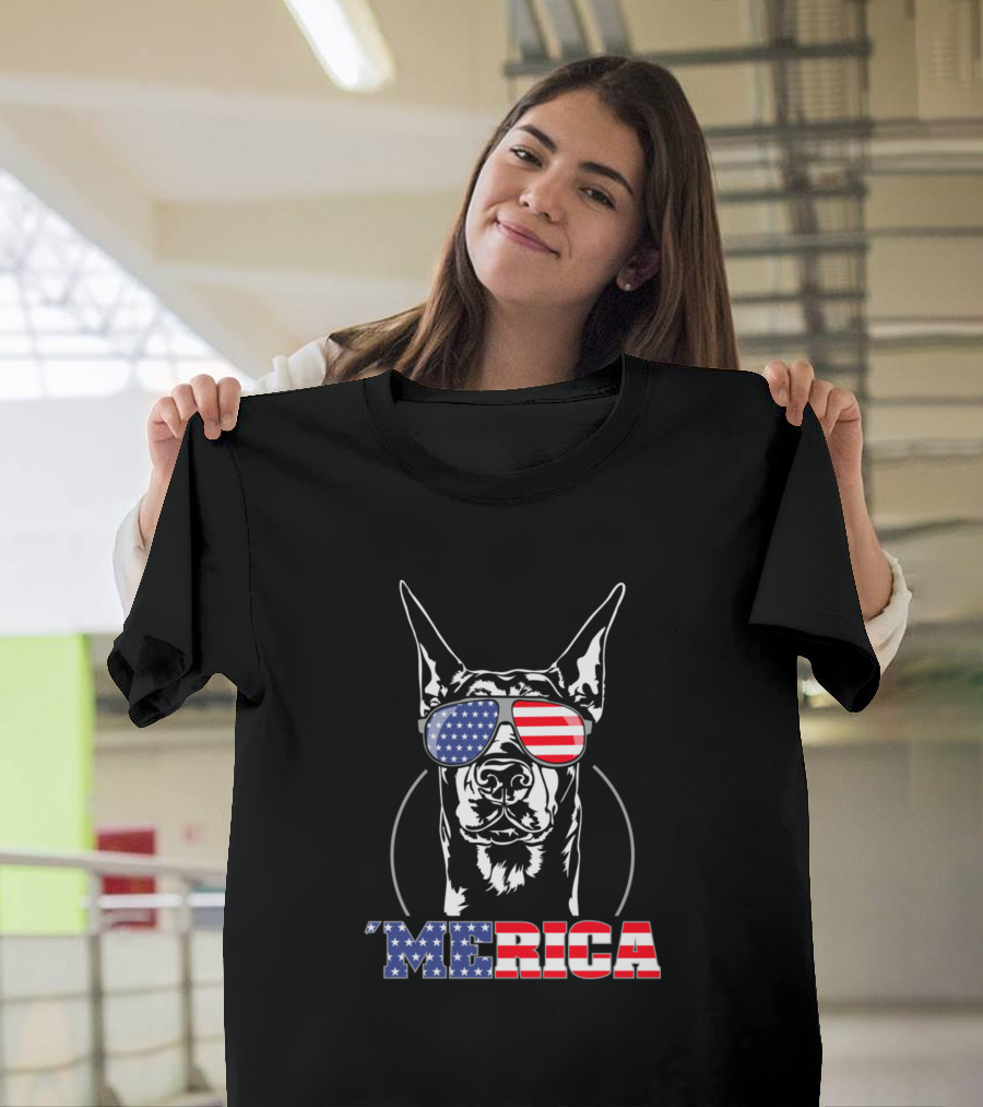Proud Doberman Pinscher 'Merica American Flag Sunglasses T-Shirt
