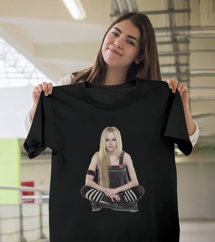 Avril Lavigne Polka Dot Outfit Striped Socks Sitting Pose T-Shirt