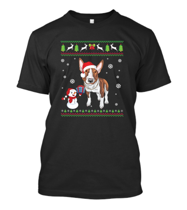 Bull Terrier Dog And Snowman With Santa Hat And Gift Surrounded By Christmas Trees And Snowflakes T-Shirt