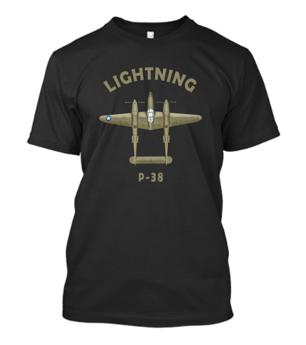 P-38 Lightning Aircraft Top View With Military Star T-Shirt