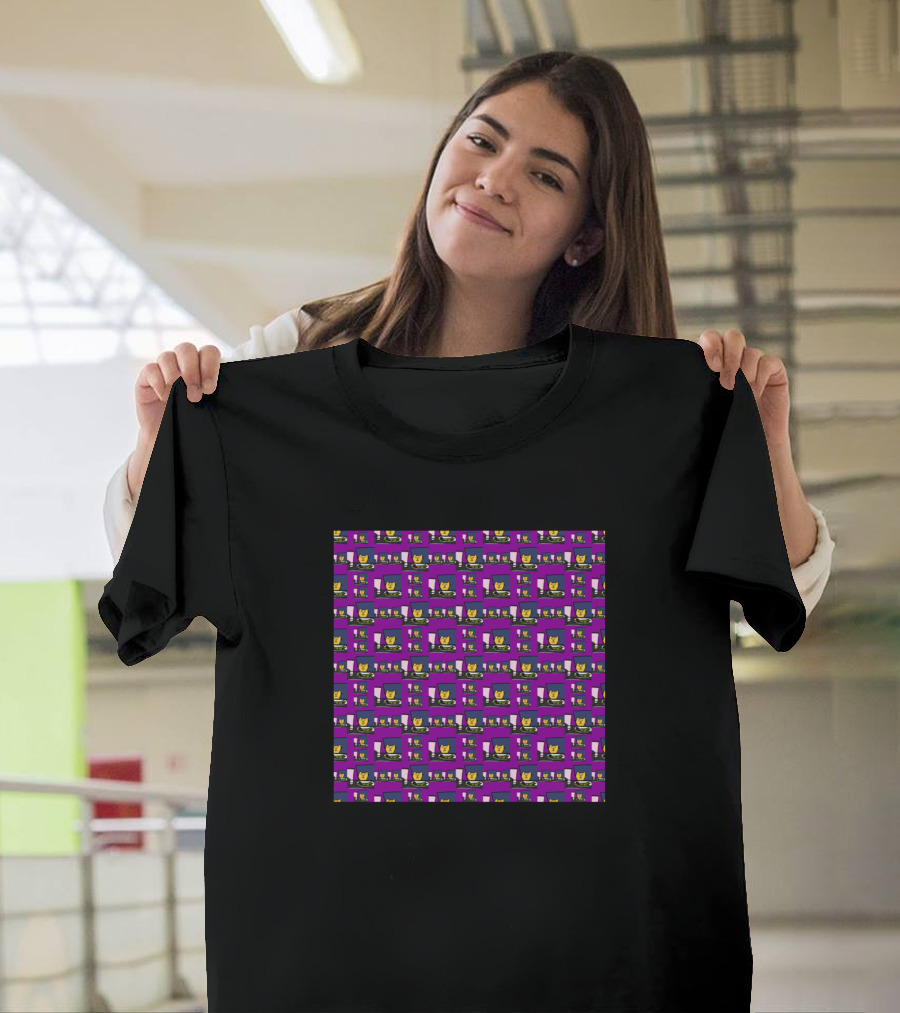 Purple Patterned Cat At A Table Repeating Motif T-Shirt