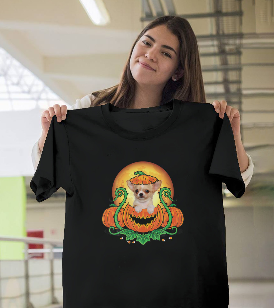 Halloween Cute Dog Peeking from Pumpkins with Glowing Background T-Shirt