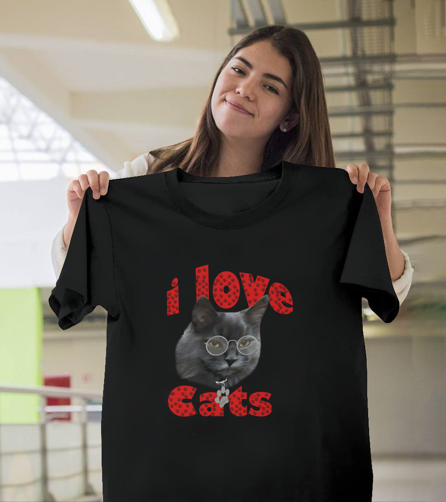 I Love Cats Paw Print Glasses Cute Cat Kitty T-Shirt