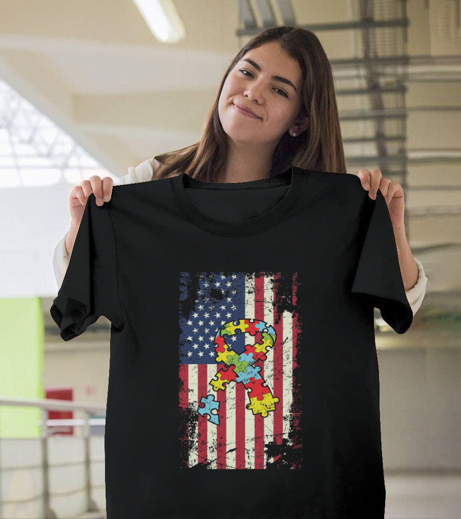 Autism Awareness American Flag Distressed Puzzle T-Shirt