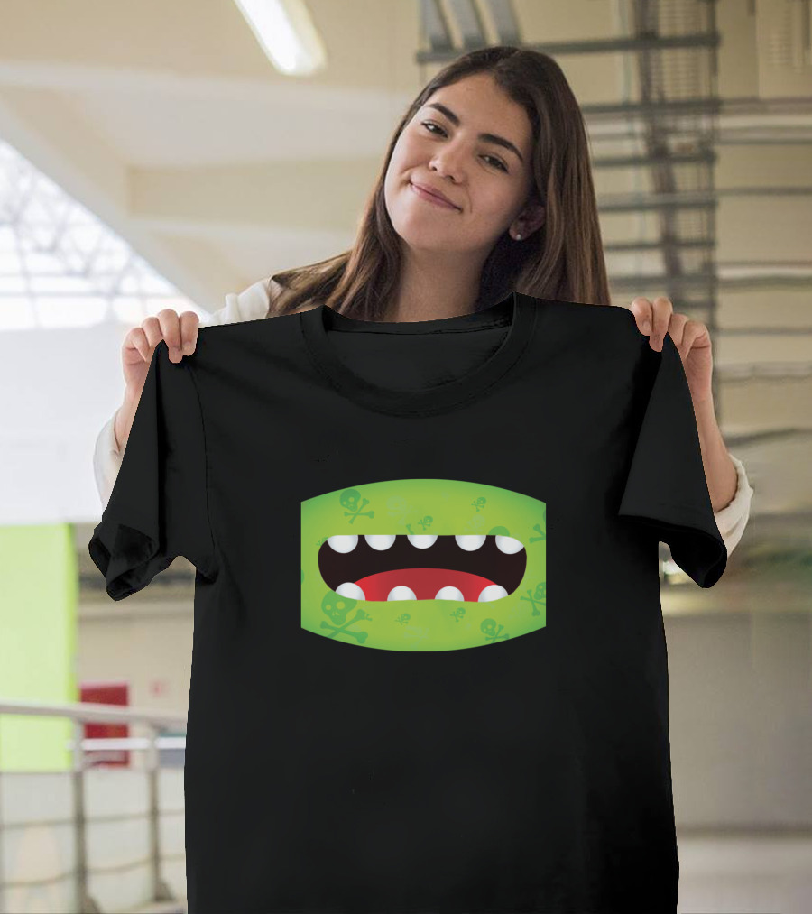 Funny Green Monster Mouth Mask with Skull and Crossbones T-Shirt
