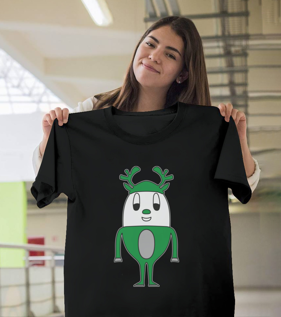 Reindeer Egg Cartoon Character with Antlers and Green Suit T-Shirt