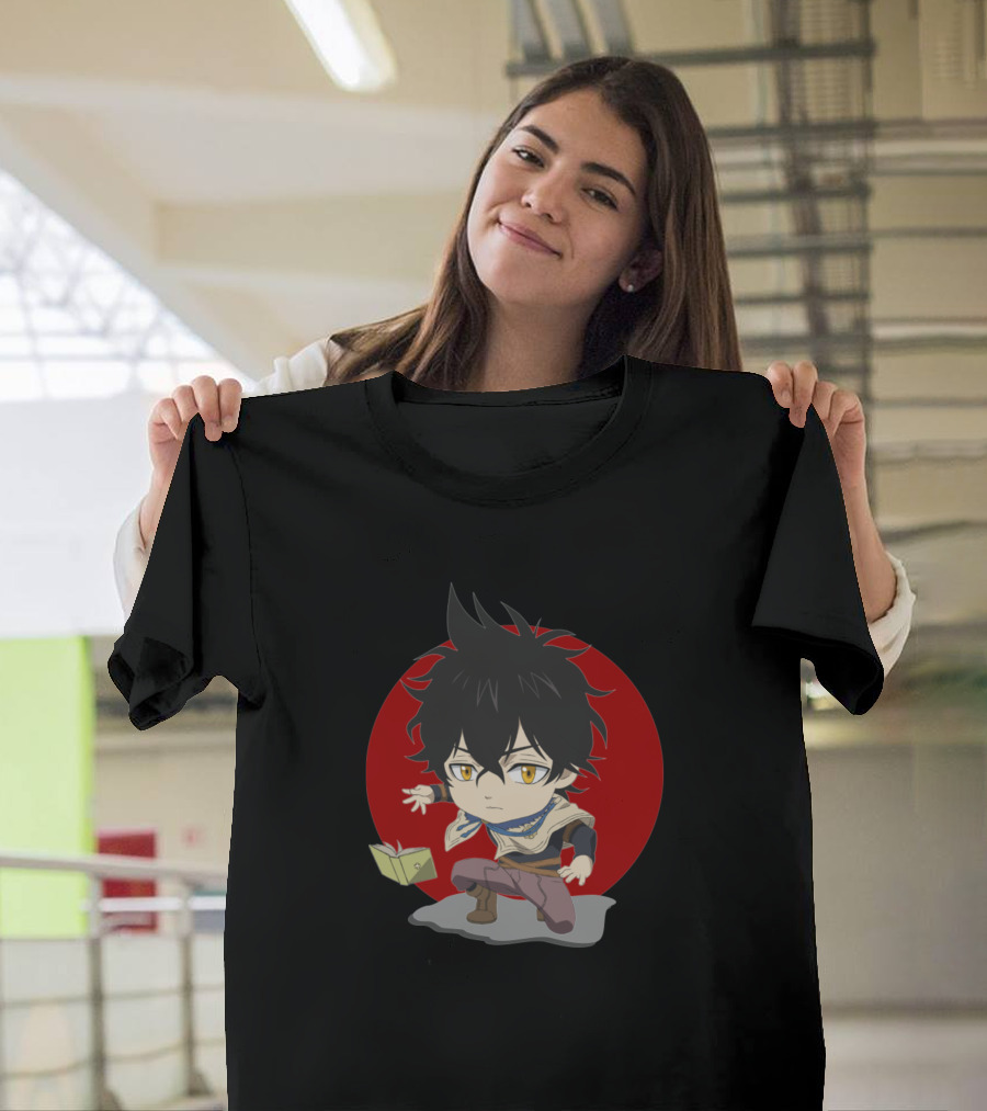 Chibi Yuno Black Clover Anime Character with Grimoire Red Circle Background T-Shirt