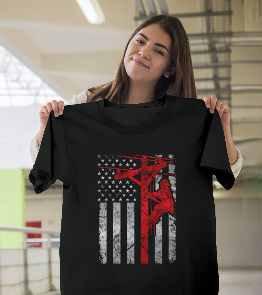 Distressed USA Patriotic Thin Line Lineman American Flag T-Shirt