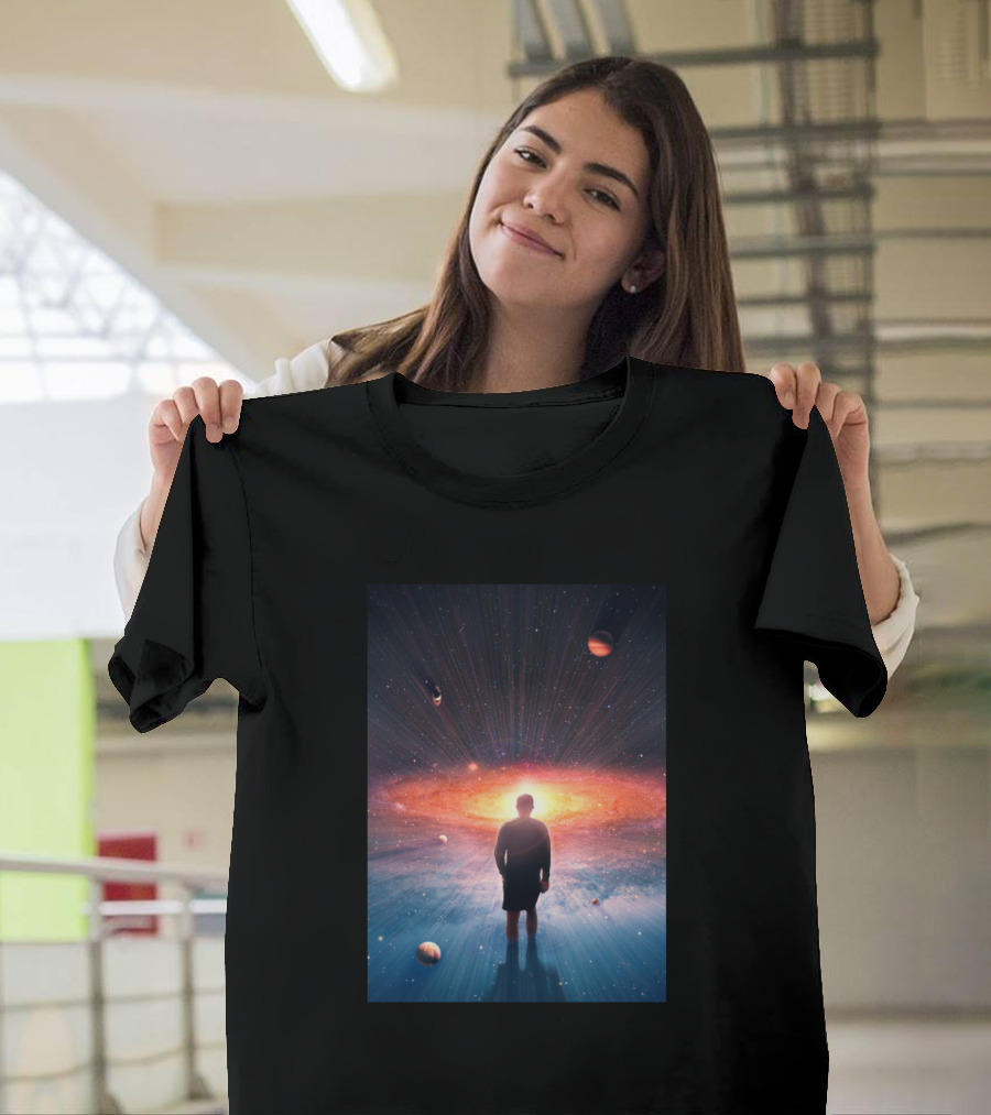 Man Standing Before Cosmic Galaxy Essence Planets and Stars T-Shirt